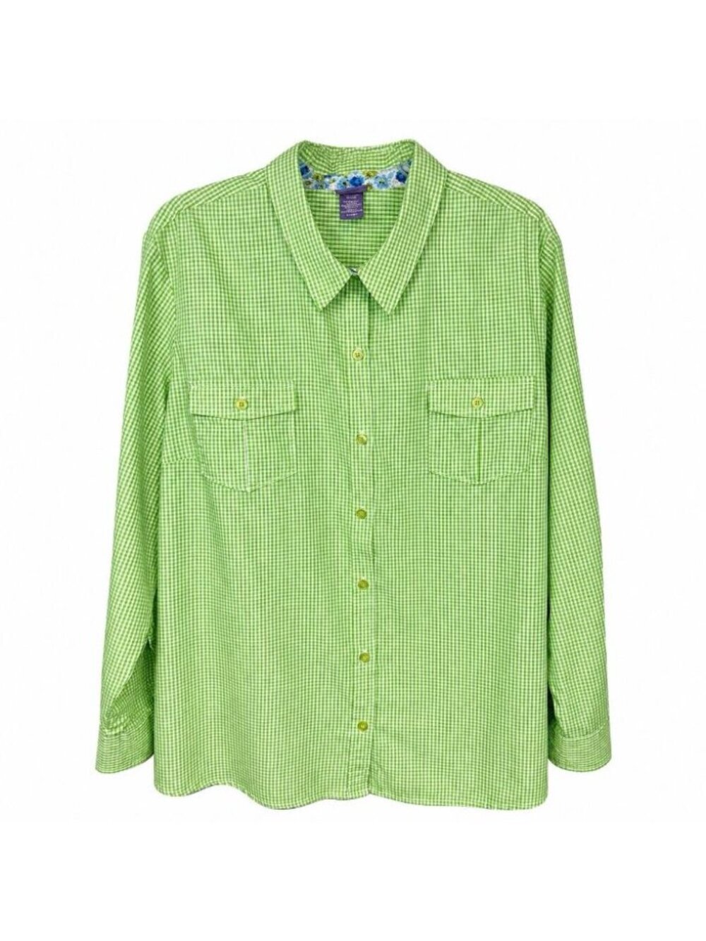 Laura Scott Green & White Gingham Checked Blouse 16W-18W Pockets Roll Tab Sleeve